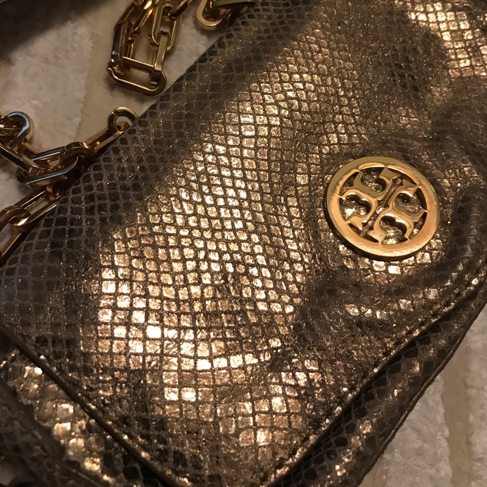 Tory Burch gold snakeskin cross body bag